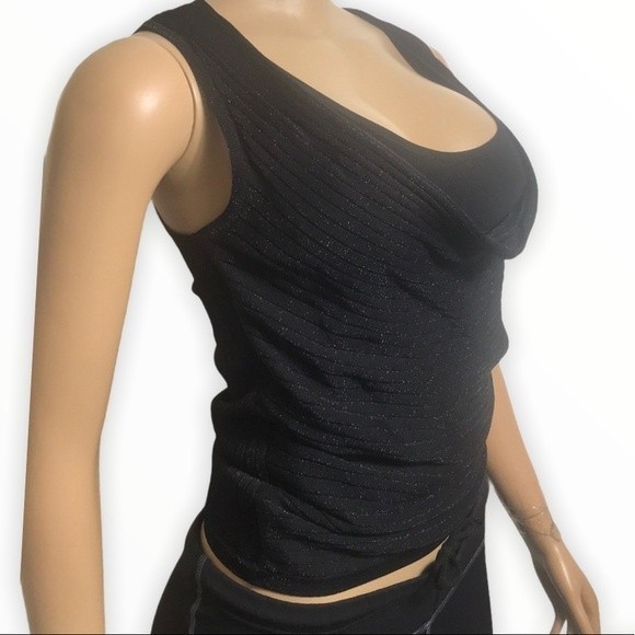 90s Cache Cow Neck Tank Black Layered Ribbed Knit Shimmer Size M - Picture 7 of 16
